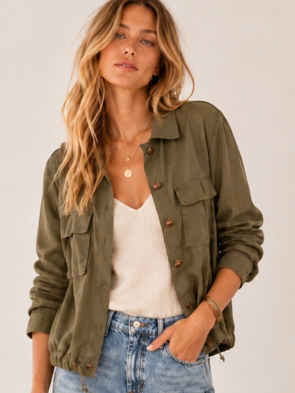 Utility Safari Cropped Jacket Olive Green Lightweight Drawstring Waist EUC Sz S